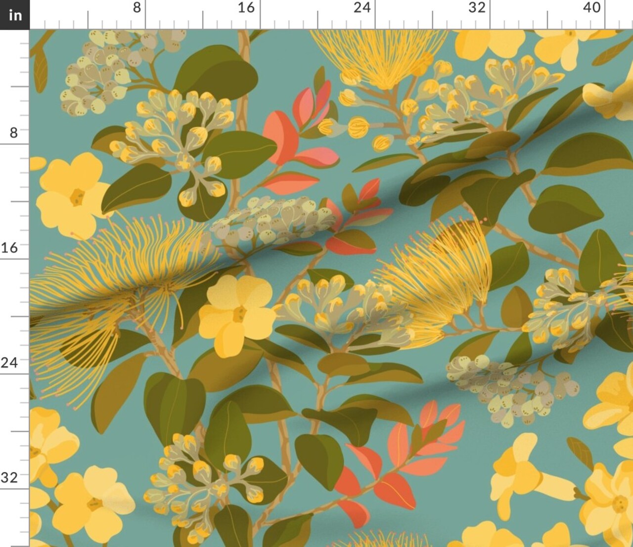 Teal Floral Botanical Jungle Tropical Hawaiian Mimosa Tree Flowers Foliage Large Scale Custom Printed Fabric by Spoonflower Various Fabrics by the Yard or Fat Quarter